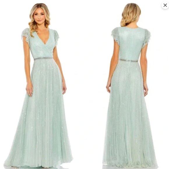 MAC DUGGAL 5502 SEQUINED WRAP OVER RUFFLED CAP SLEEVE SEAMIST GOWN sz 16 - Picture 4 of 4